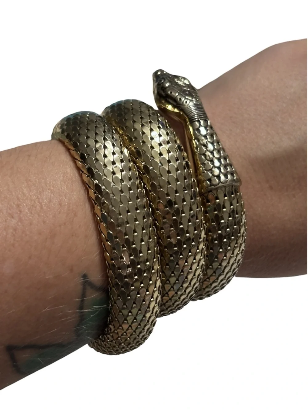 Vintage Whiting & Davis Egyptian Gold Tone Snake Triple Coil Mesh Wrap Bracelet